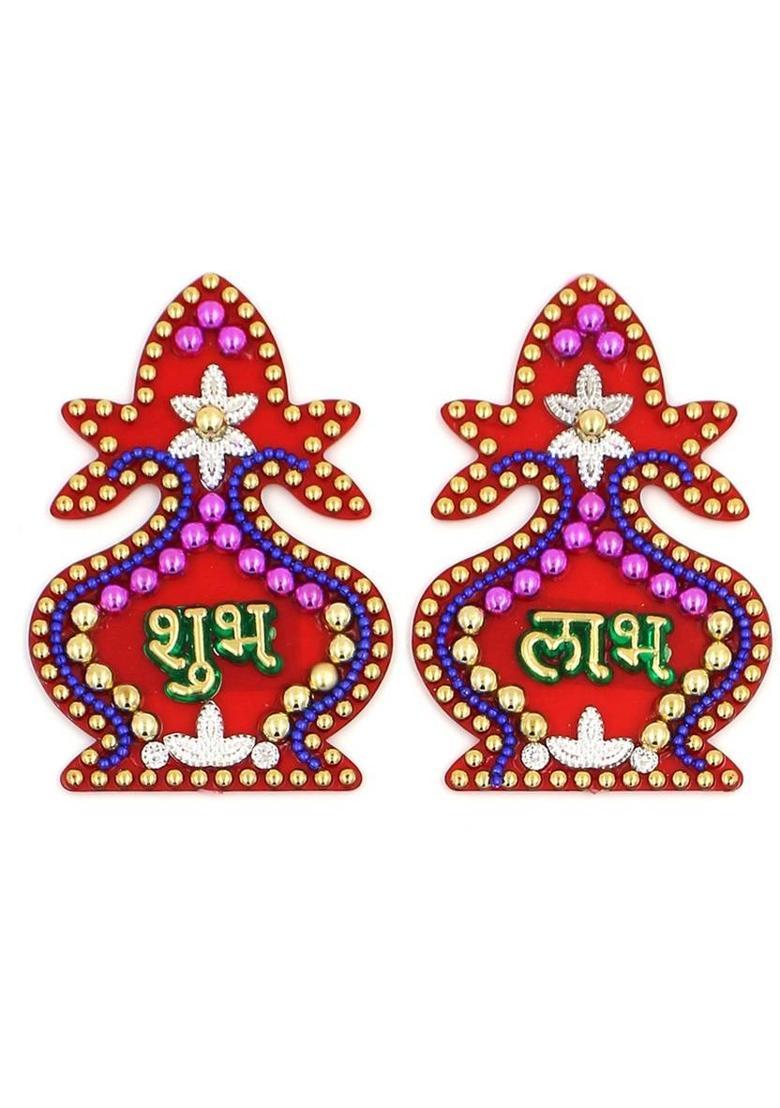 Macsen Acrylic Designer Shubh Labh Sticker, Swastika and Laxmi charan paduka for Door and Wall Decoration, Diwali Decor Set - 6 Piece (Set of 3) Decorative Showpiece - 7.5 cm&nbsp;&nbsp;(Plastic, Multicolor) - Indya