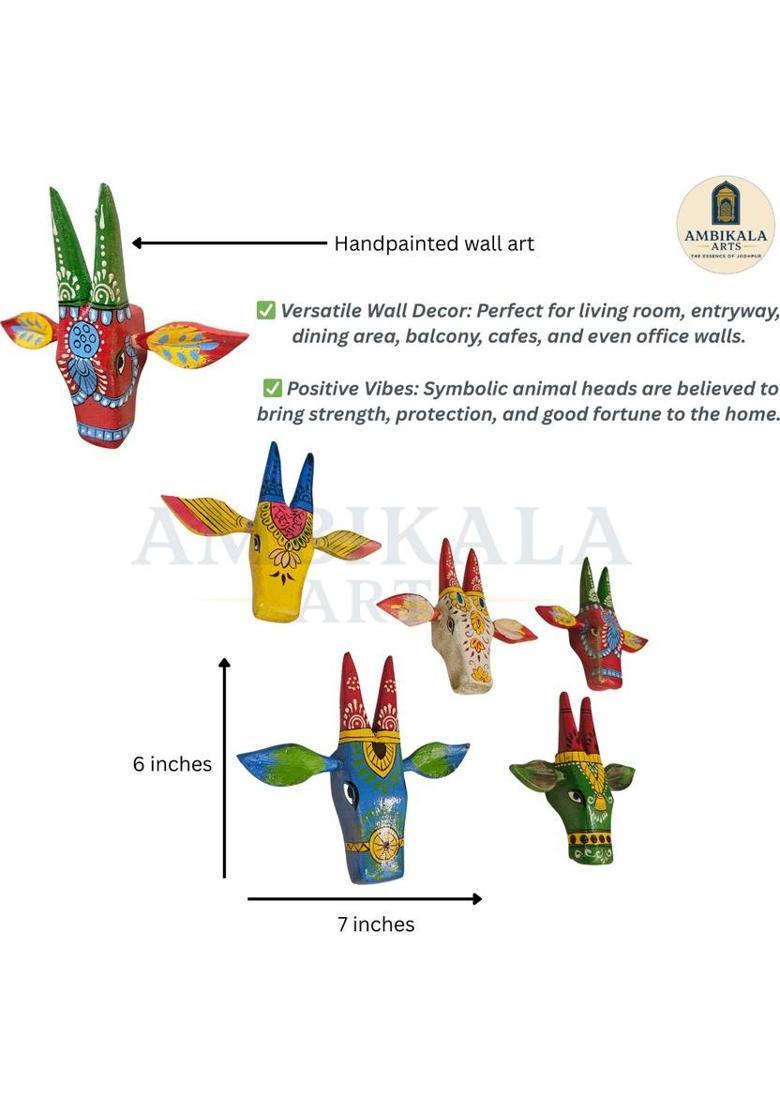 Ambikala Arts Rajasthani Hand Painted Wooden Cow Head Wall Hanging Set of 5, Multicolor Decorative Showpiece - 15.25 cm&nbsp;&nbsp;(Wood, Multicolor) - Indya