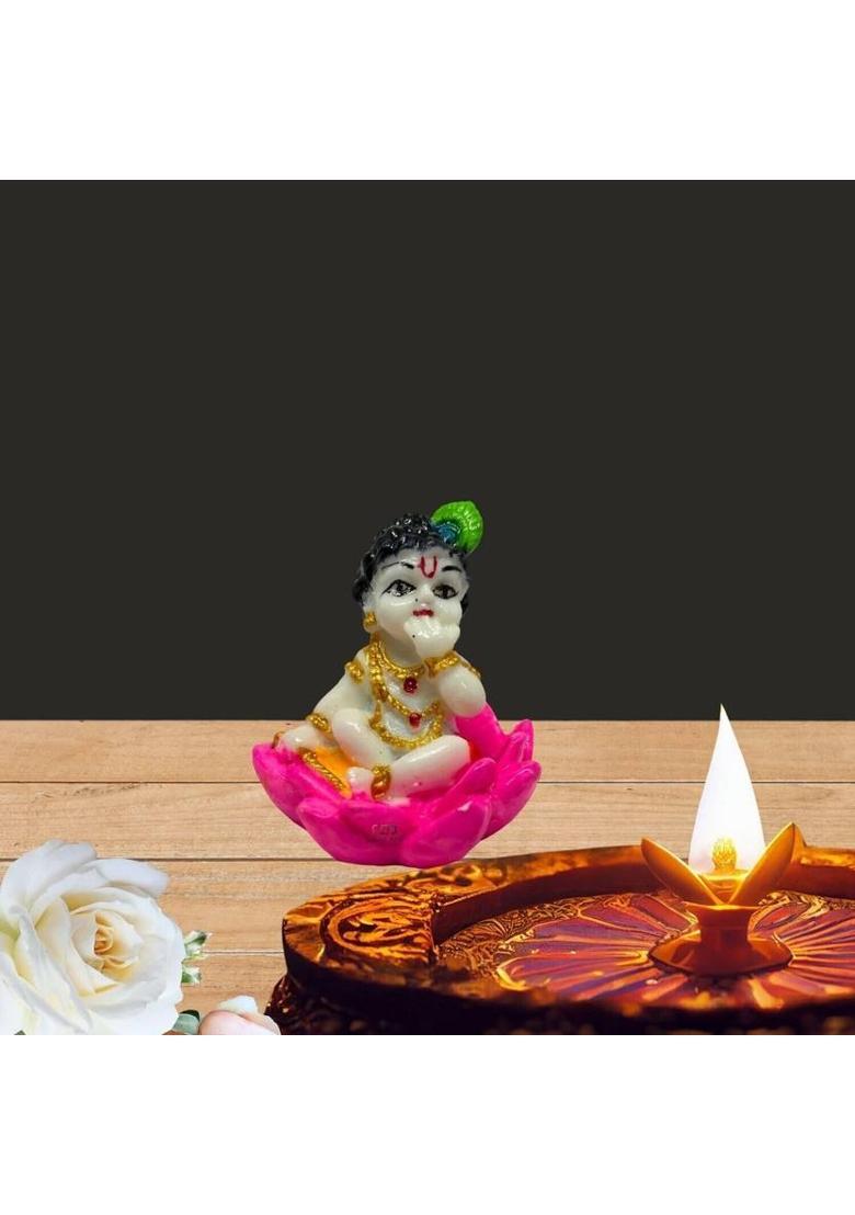 VENTERPRISES Marble Dust Makhan Chor Laddu Gopal Sitting on Lotus/Baal Gopal Statue for Home, Decorative Showpiece - 6 cm&nbsp;&nbsp;(Marble, Multicolor) - Indya