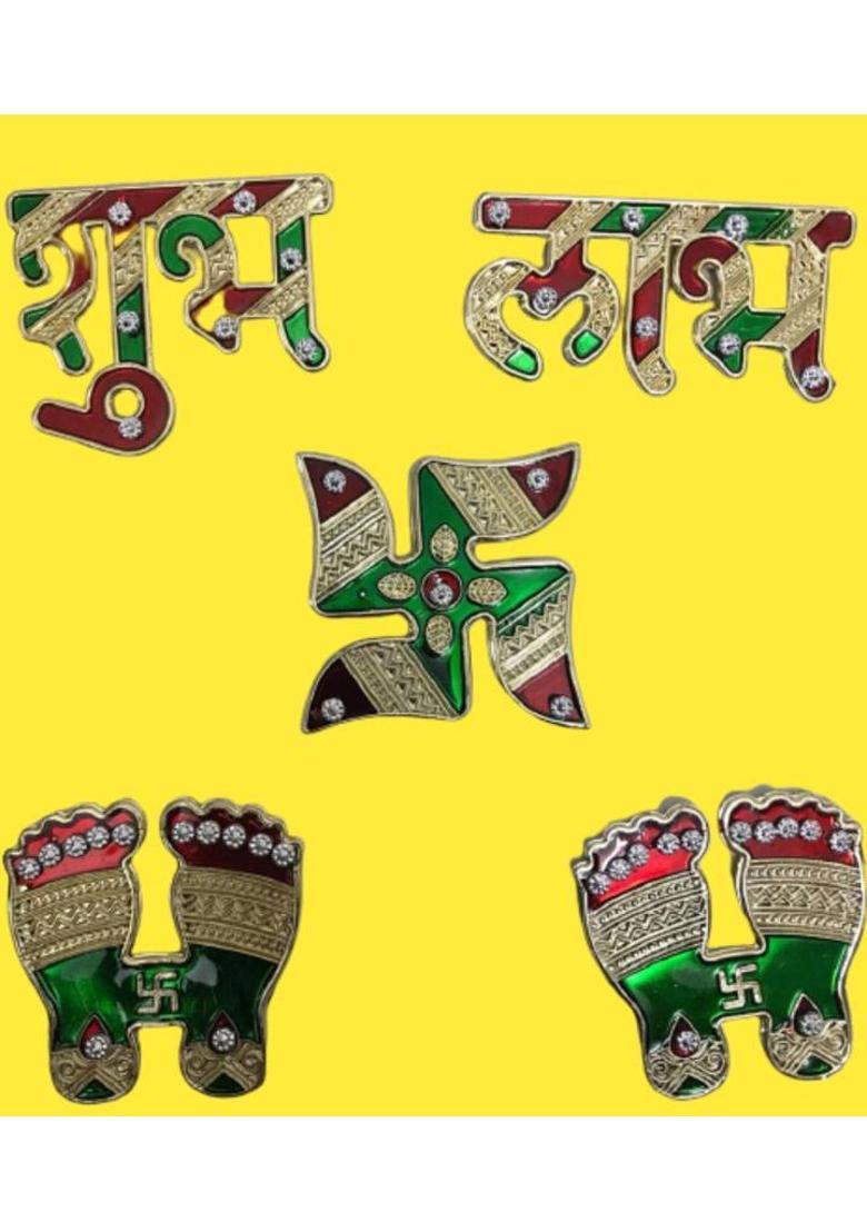P A HEALTH AND FITNESS Decorative Combo of Shubh Labh Laxmi Charan (Paduka)Swastika Stickers.[5piece] Decorative Showpiece - 6.5 cm&nbsp;&nbsp;(Metal, Red, Green, Gold) - Indya