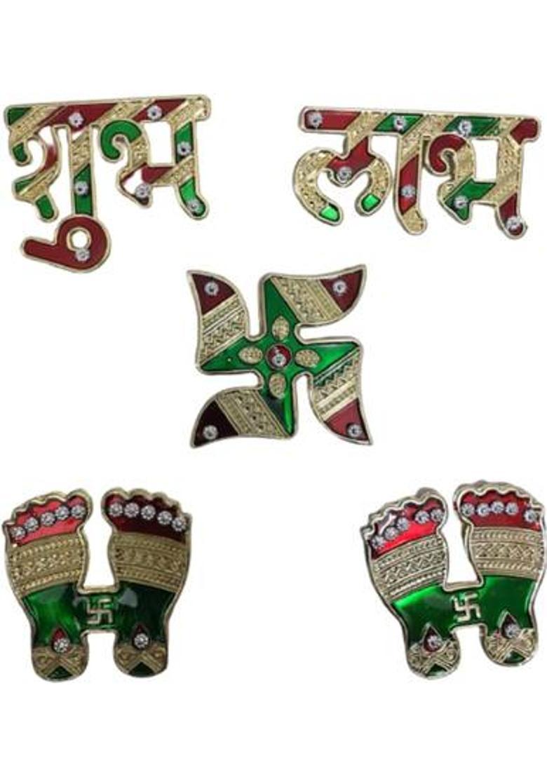 P A HEALTH AND FITNESS Decorative Combo of Shubh Labh Laxmi Charan (Paduka)Swastika Stickers.[5piece] Decorative Showpiece - 6.5 cm&nbsp;&nbsp;(Metal, Red, Green, Gold) - Indya