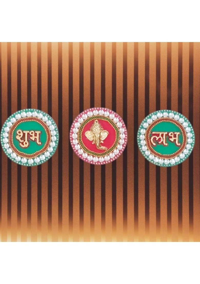 P A HEALTH AND FITNESS Decorated Shubh-Labh-Ganesha Stickers for Home/Mandir Door/Wall Decor.. Decorative Showpiece - 6.5 cm&nbsp;&nbsp;(Plastic, Red, Green) - Indya