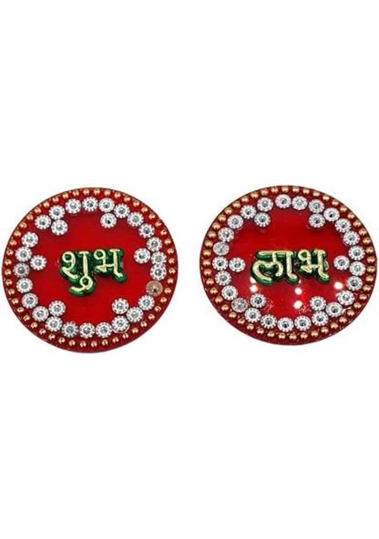 Tej Gifts Acrylic Shubh Labh Wall Sticker | Hand Crafted | Home Decor Traditional Sticker&nbsp;&nbsp;(5 cm X 5 cm, Dark Red) - Indya
