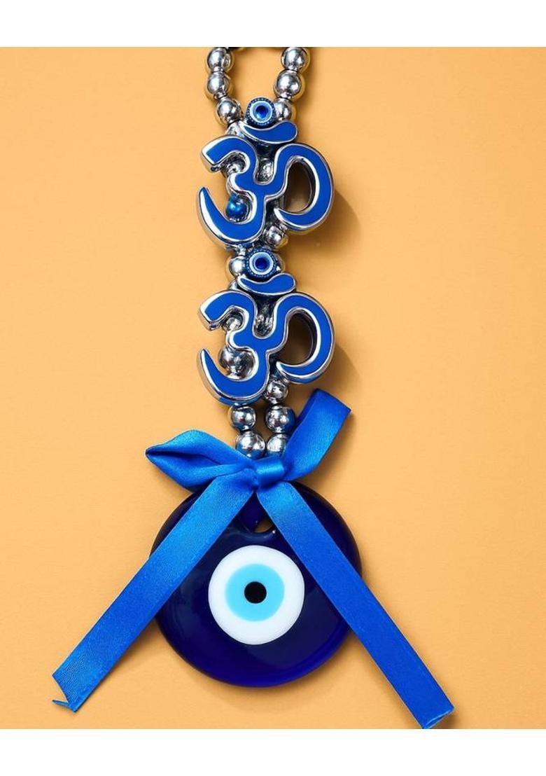 sculpmart Evil Eye Hanging with Double Om Design Silver Finish for Home and Main Door Decorative Showpiece - 17 cm&nbsp;&nbsp;(Metal, Blue) - Indya