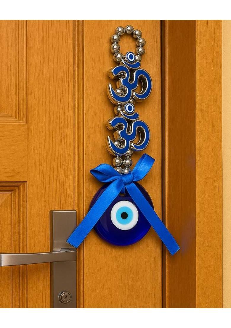 sculpmart Evil Eye Hanging with Double Om Design Silver Finish for Home and Main Door Decorative Showpiece - 17 cm&nbsp;&nbsp;(Metal, Blue) - Indya