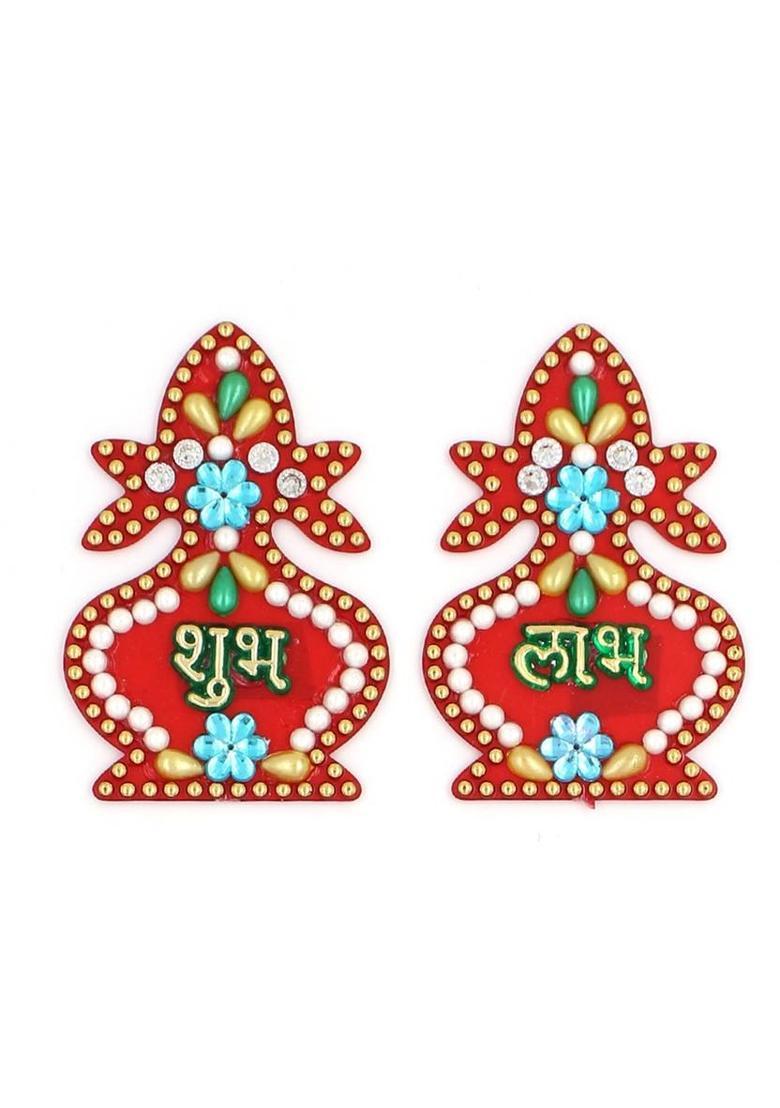 Macsen Acrylic Designer Shubh Labh Sticker, Swastika and Laxmi charan paduka for Door and Wall Decoration, Diwali Decor Set - 6 Piece (Set of 3) Decorative Showpiece - 7.5 cm&nbsp;&nbsp;(Plastic, Multicolor) - Indya