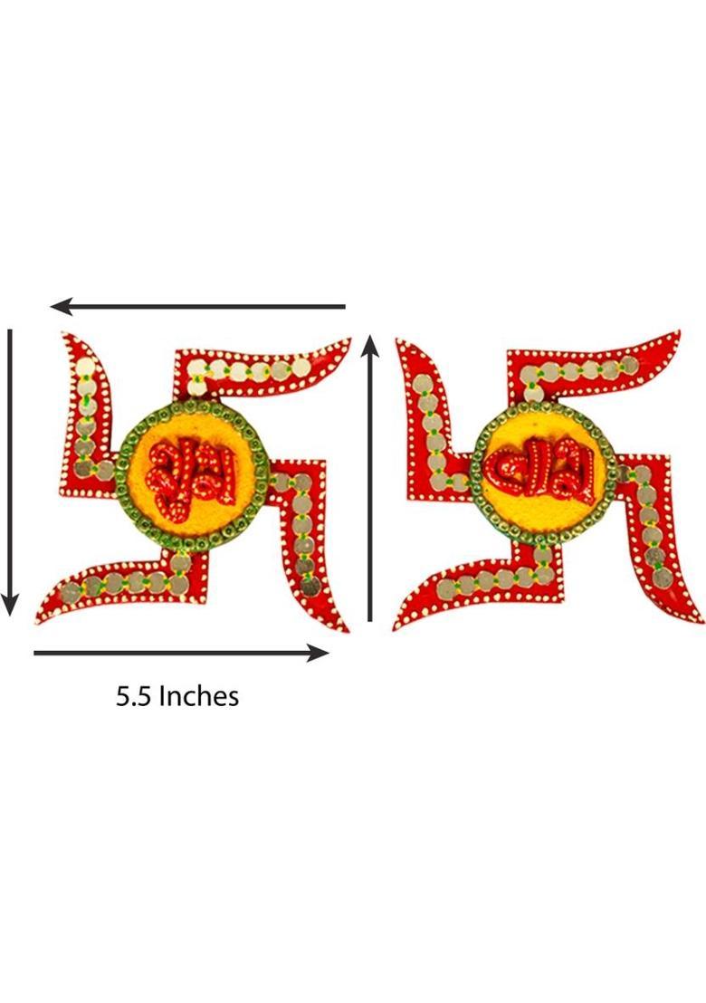 ADORN WORLD Wooden & Paper Shubh Labh Door Hanging | Swastik Wall Hanging & Symbol for Home Decorative Showpiece - 13.97 cm&nbsp;&nbsp;(Paper Mache, Multicolor) - Indya