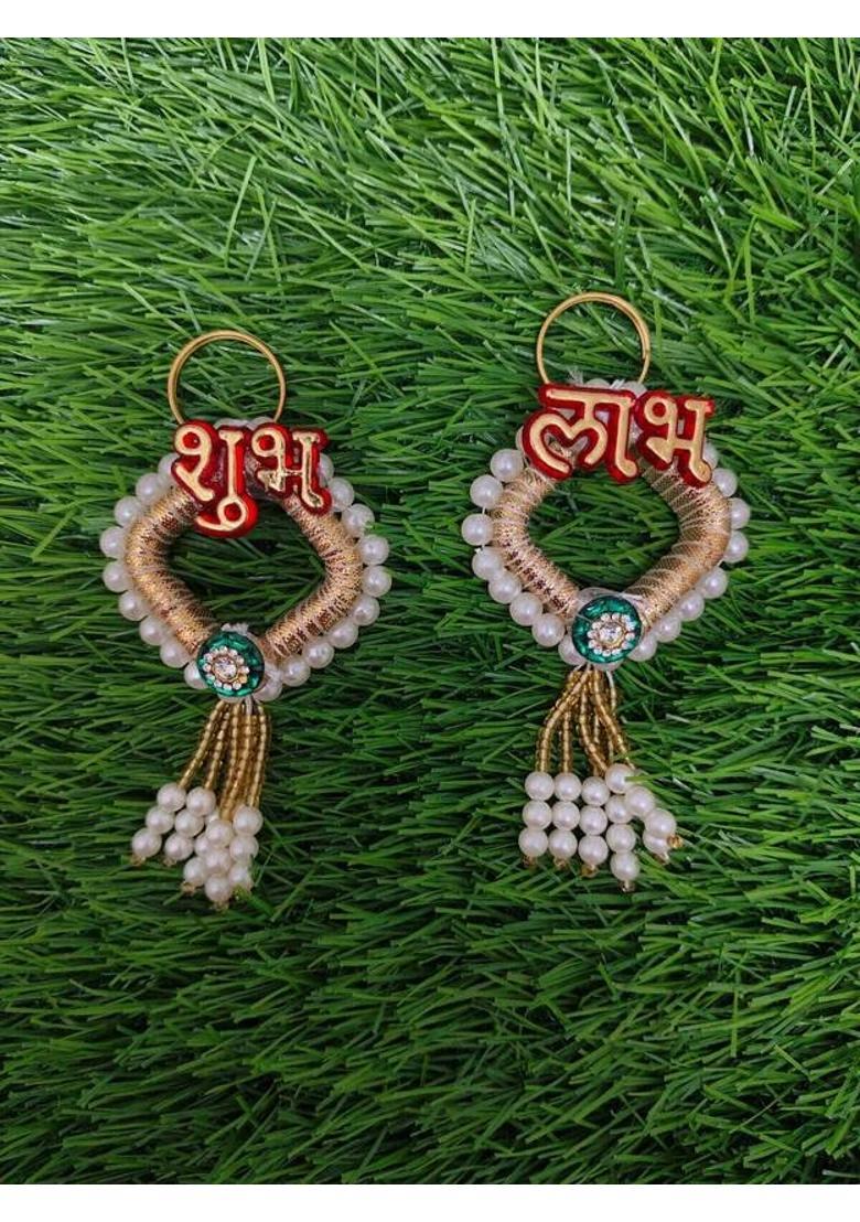 Neha Shubh Labh for Door Entrance | 1 Pair | Beautiful Side Door Hangings | Decorative Showpiece - 2 cm&nbsp;&nbsp;(Wood, Gold, Yellow) - Indya