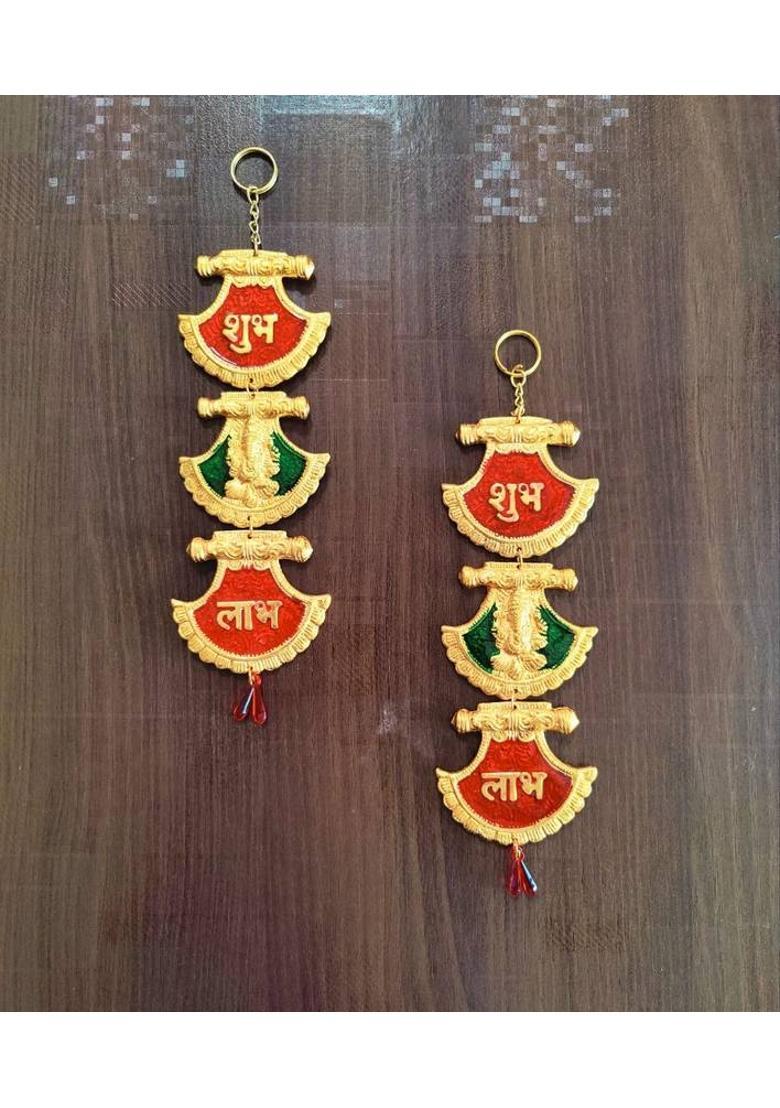 The Classic Treasure Decorative Shubh Labh Wall Hanging with Ganesh,Set of 2 Decorative Showpiece - 16 cm&nbsp;&nbsp;(Metal, Gold) - Indya