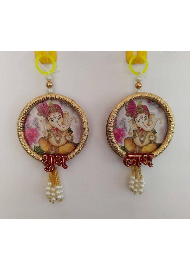 Neha Shubh Labh for Door Entrance | 1 Pair | Beautiful Side Door Hangings | Decorative Showpiece - 2 cm&nbsp;&nbsp;(Wood, Multicolor) - Indya