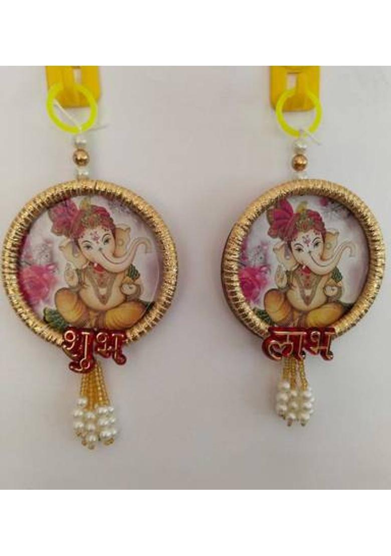 Neha Shubh Labh for Door Entrance | 1 Pair | Beautiful Side Door Hangings | Decorative Showpiece - 2 cm&nbsp;&nbsp;(Wood, Multicolor) - Indya