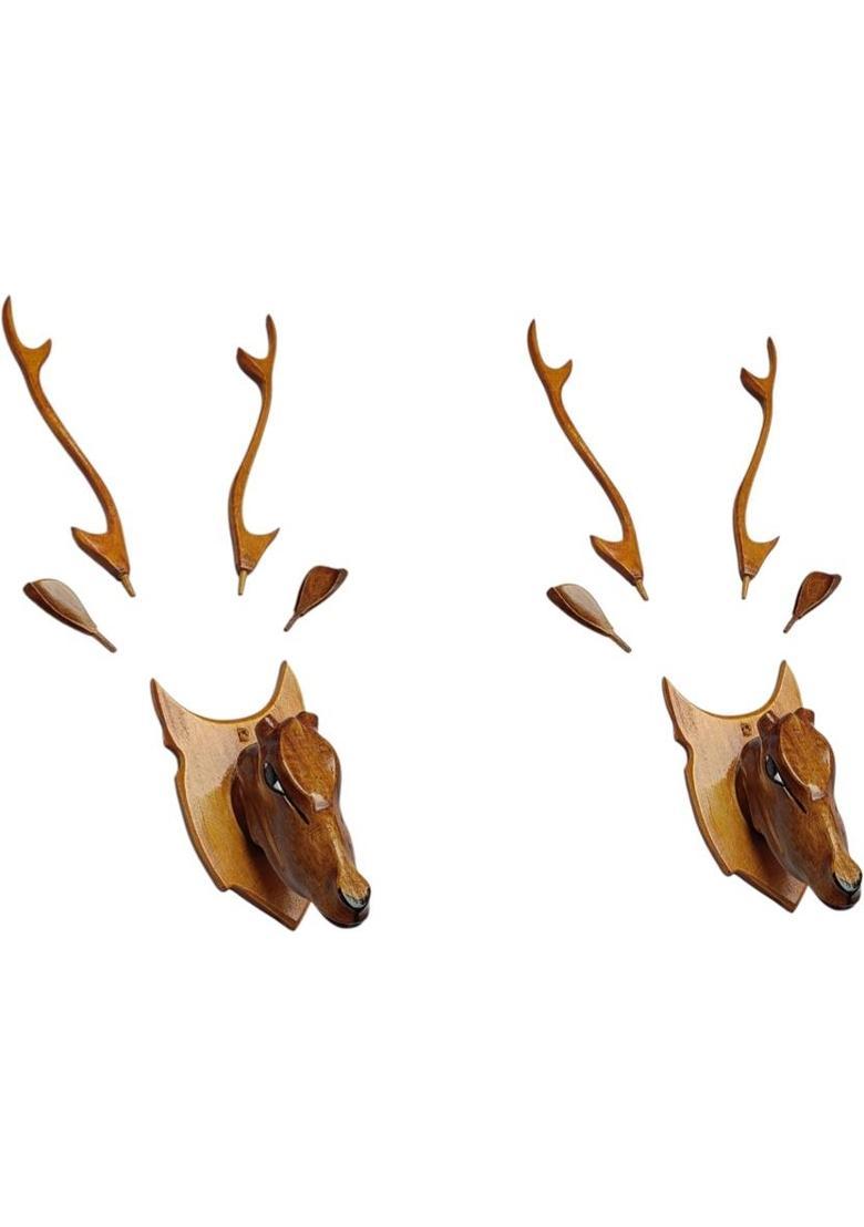 Mampi enterprises Wooden Deer head set of 02 small Decorative Showpiece - 32 cm&nbsp;&nbsp;(Wood, Brown) - Indya