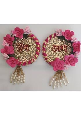 PRIYA IMPEX Fabric Shubh Labh Door Hanging for Diwali Pooja Wedding House Inauguration Decorative Showpiece - 8 cm&nbsp;&nbsp;(Fiber, Pink, Gold, White)