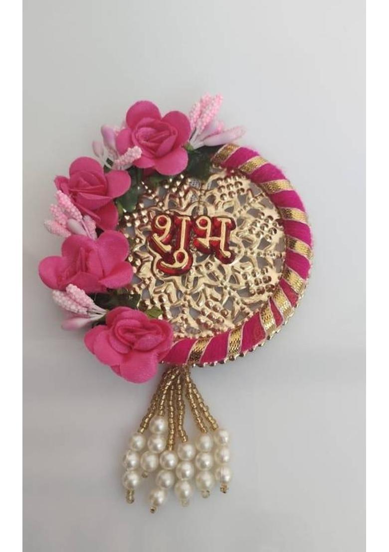 PRIYA IMPEX Fabric Shubh Labh Door Hanging for Diwali Pooja Wedding House Inauguration Decorative Showpiece - 8 cm&nbsp;&nbsp;(Fiber, Pink, Gold, White) - Indya