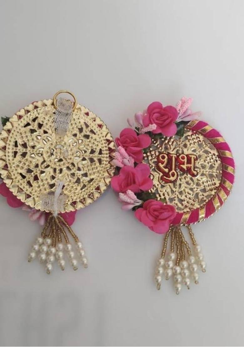 PRIYA IMPEX Fabric Shubh Labh Door Hanging for Diwali Pooja Wedding House Inauguration Decorative Showpiece - 8 cm&nbsp;&nbsp;(Fiber, Pink, Gold, White) - Indya