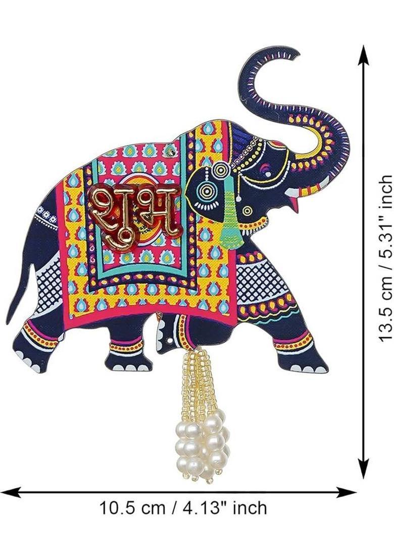 MINDFULLGIFTING Wooden Elephant Wall Hanging with Shubh Labh 42&nbsp;&nbsp;(3 inch, Blue) - Indya