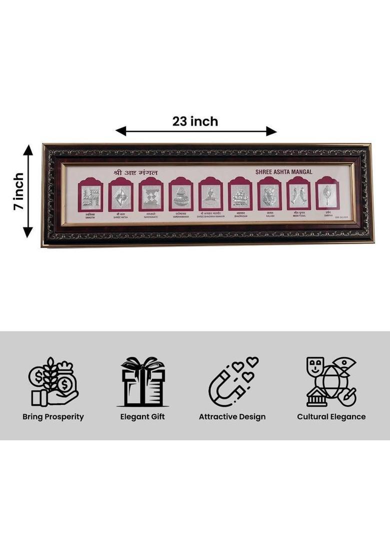 Purushottam Gagubhai Zaveri 999 Pure Silver Shree Ashta Mangal Frame - 23x7 inch Rectangular Photo Frame Decorative Showpiece - 58.42 cm&nbsp;&nbsp;(Wood, Brown) - Indya