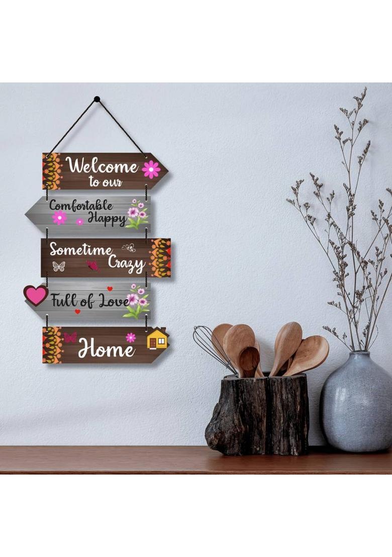 Home Delight Floral Decorative Welcome To Our Home Wooden Wall Hanging Home Items&nbsp;&nbsp;(26 inch X 12 inch, Brown, Grey) - Indya