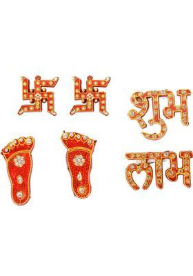 BAISA BAISA-Rajasthani Wooden Handmade Shubh Labh, Swastik & Lakshmi Charan Paduka Combo [6 Pcs] Decorative Showpiece - 15 cm&nbsp;&nbsp;(Wood, Red)