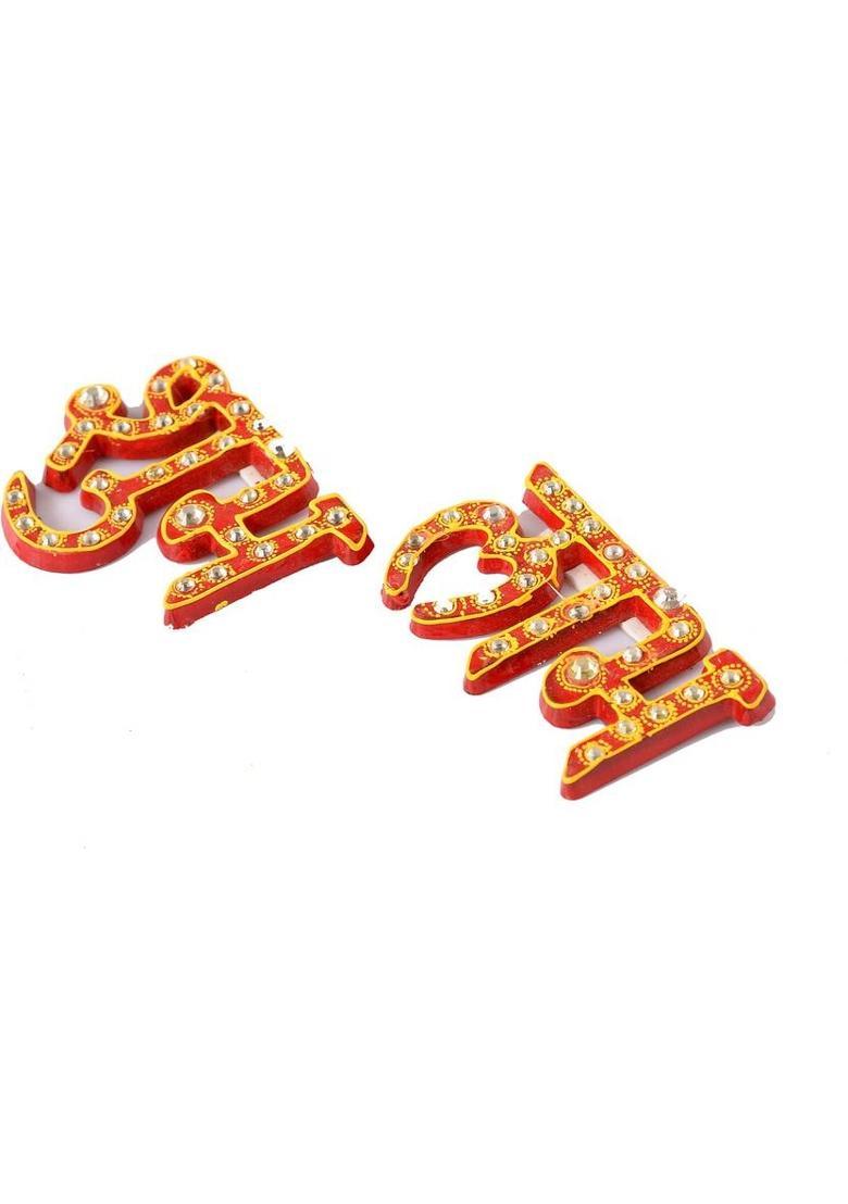 BAISA BAISA-Rajasthani Wooden Handmade Shubh Labh, Swastik & Lakshmi Charan Paduka Combo [6 Pcs] Decorative Showpiece - 15 cm&nbsp;&nbsp;(Wood, Red) - Indya