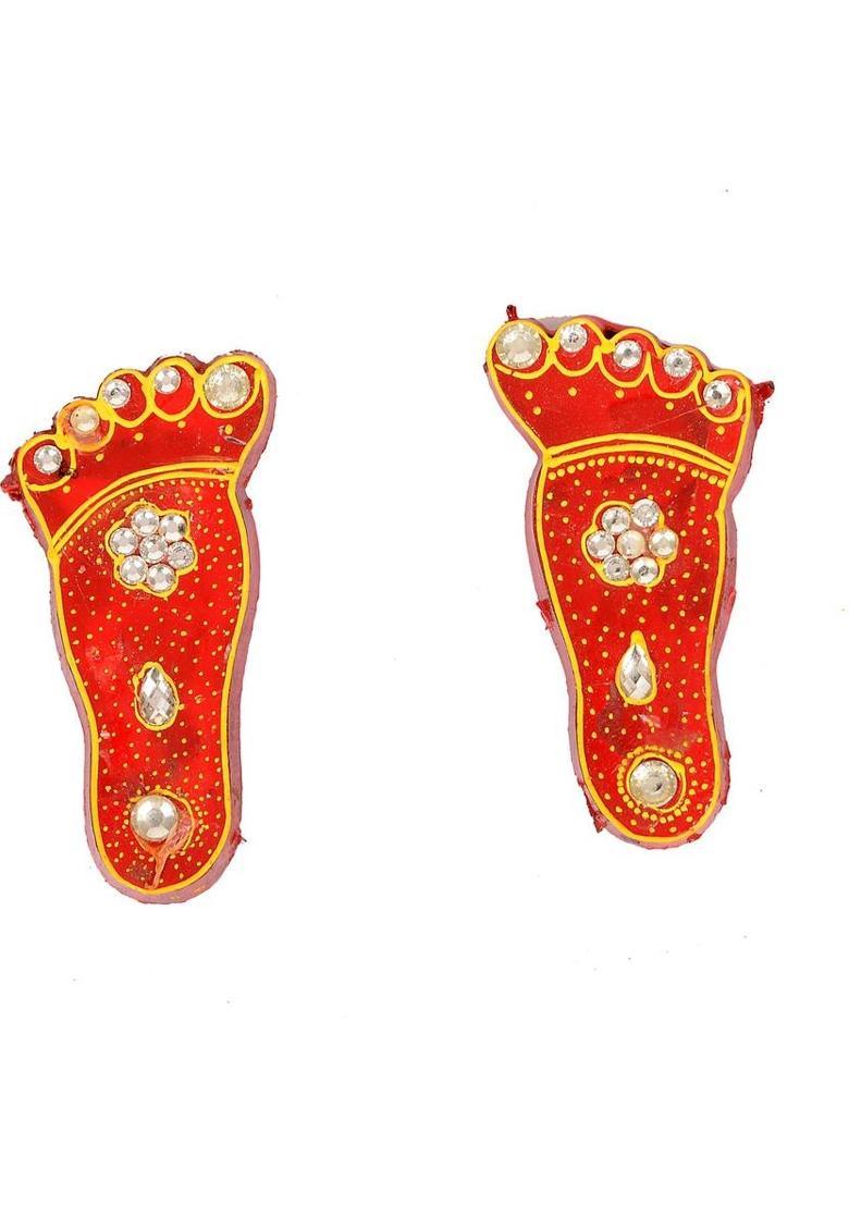 BAISA BAISA-Rajasthani Wooden Handmade Shubh Labh, Swastik & Lakshmi Charan Paduka Combo [6 Pcs] Decorative Showpiece - 15 cm&nbsp;&nbsp;(Wood, Red) - Indya