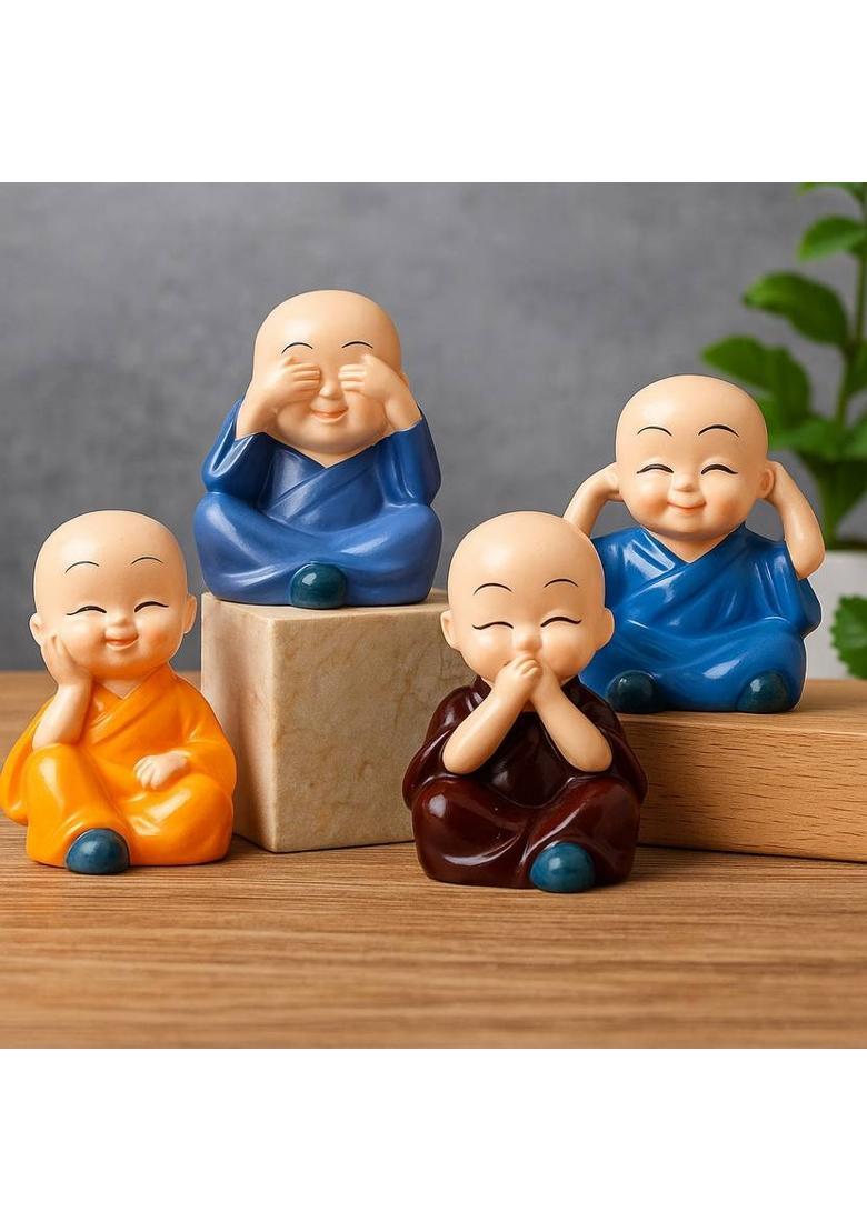 CW Set of 4 Monk Buddha Home, Office & Car Decor Resin Idol Set Decorative Showpiece - 10 cm&nbsp;&nbsp;(Polyresin, Multicolor) - Indya