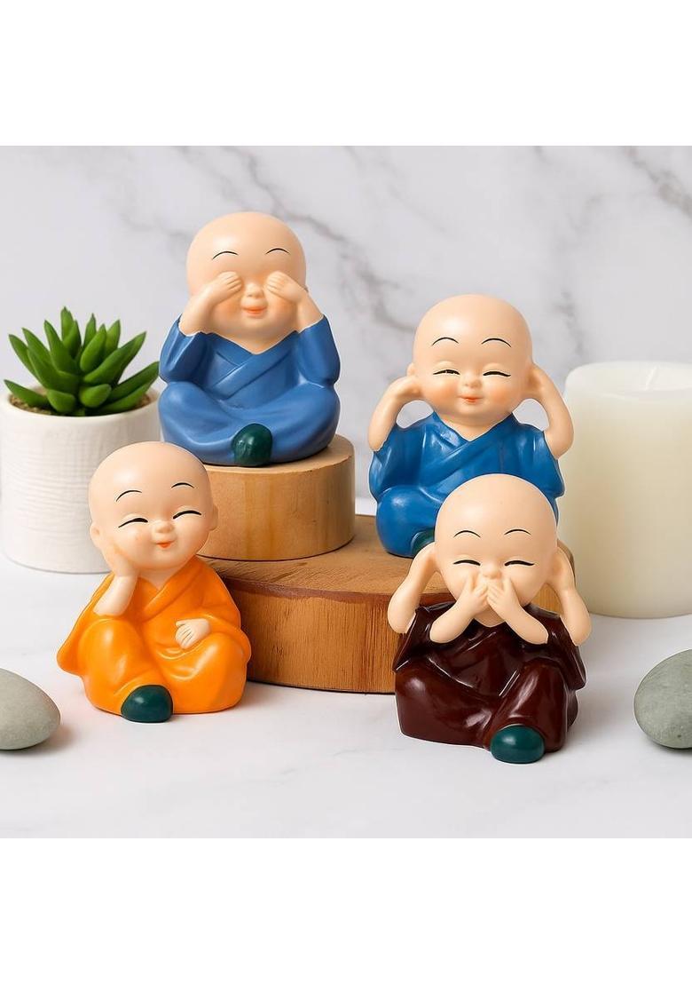 CW Set of 4 Monk Buddha Home, Office & Car Decor Resin Idol Set Decorative Showpiece - 10 cm&nbsp;&nbsp;(Polyresin, Multicolor) - Indya
