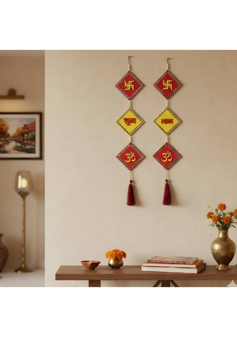 ShahiAndaz MDF Shubh-Labh Wall Hanging Decoration With Mirror Work 2 Pcs Decorative Showpiece - 74 cm&nbsp;&nbsp;(Wood, Red, Yellow) - Indya