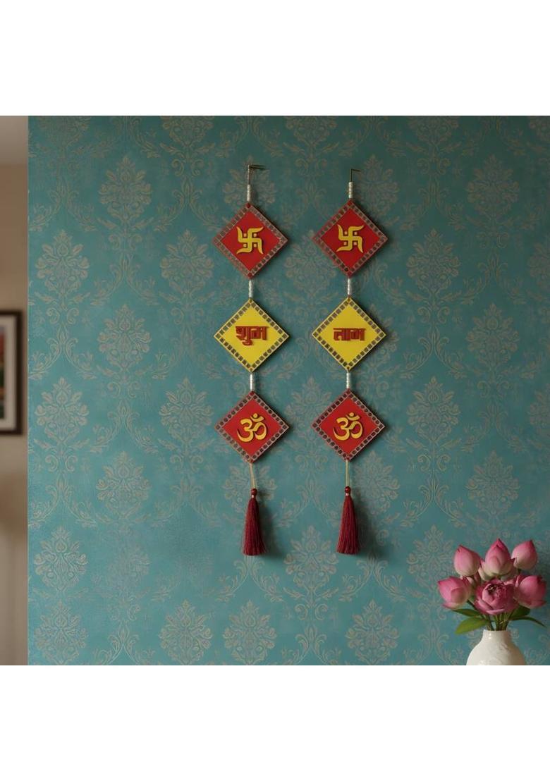 ShahiAndaz MDF Shubh-Labh Wall Hanging Decoration With Mirror Work 2 Pcs Decorative Showpiece - 74 cm&nbsp;&nbsp;(Wood, Red, Yellow) - Indya