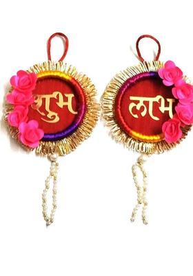 BAAKAY GLOBAL Handmade Shubh Labh Wall Hanging I Round Handcrafted with Flowers - 5Inch Decorative Showpiece - 12.7 cm&nbsp;&nbsp;(Wood, Fabric, Red)