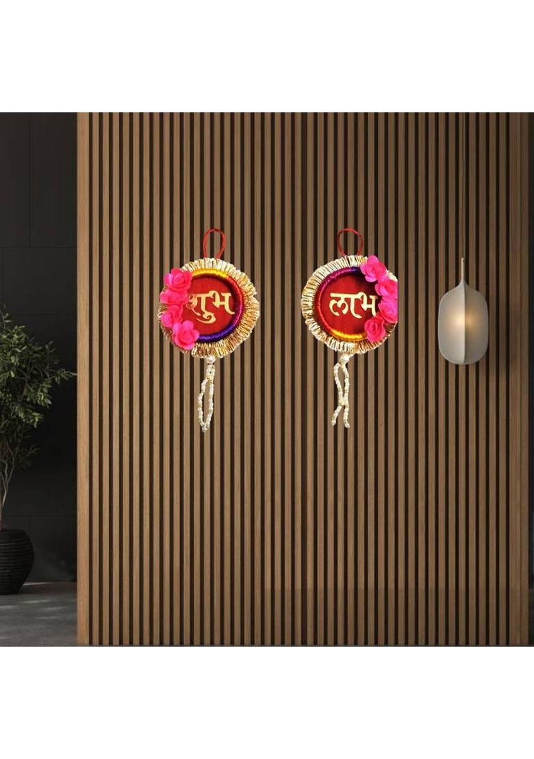 BAAKAY GLOBAL Handmade Shubh Labh Wall Hanging I Round Handcrafted with Flowers - 5Inch Decorative Showpiece - 12.7 cm&nbsp;&nbsp;(Wood, Fabric, Red) - Indya