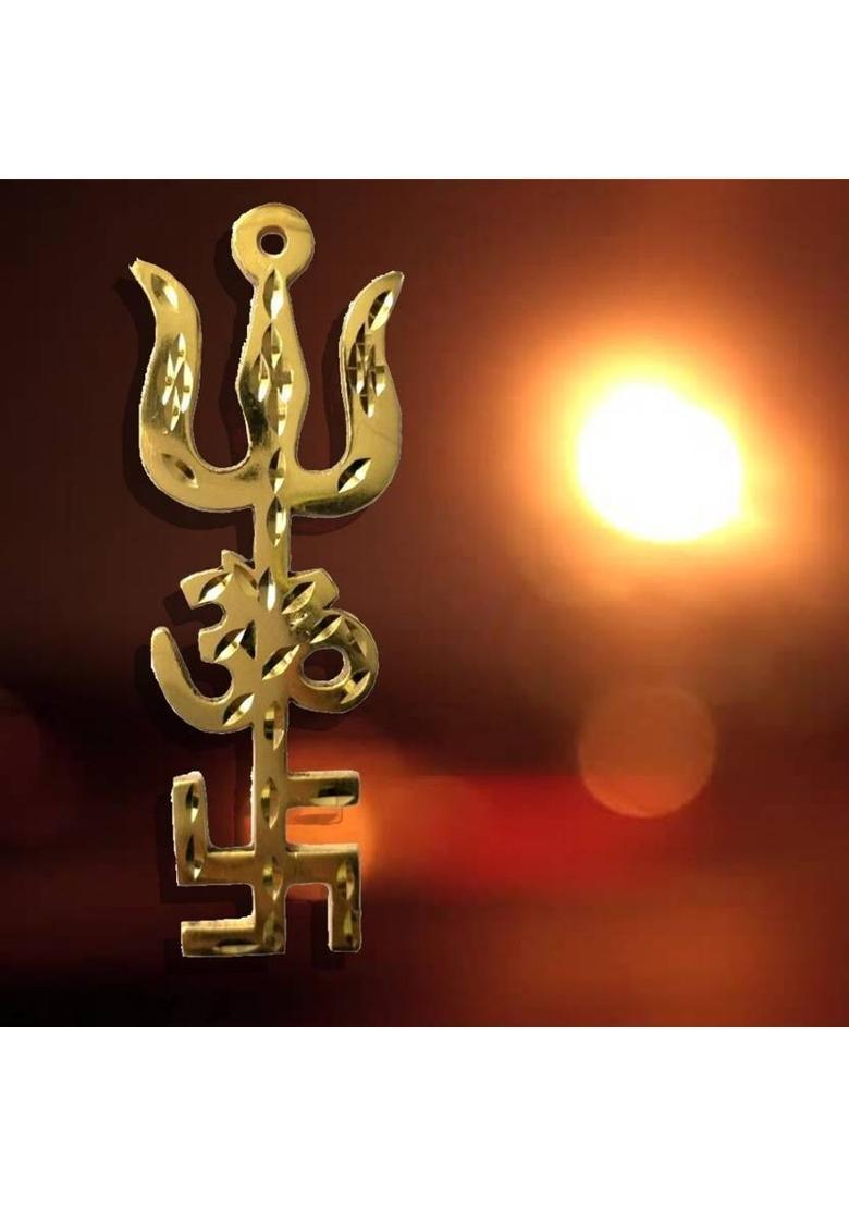 RUDRA DIVINE Trishul Om Swastika Yantra Spiritual Metal Wall Hanging Showpiece Decorative Showpiece - 10 cm&nbsp;&nbsp;(Brass, Multicolor) - Indya