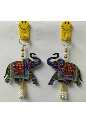 Neha Shubh Labh for Door Entrance,1 Pair | Blue Elephant Side Door Hangings | Decorative Showpiece - 2 cm&nbsp;&nbsp;(Wood, Multicolor)