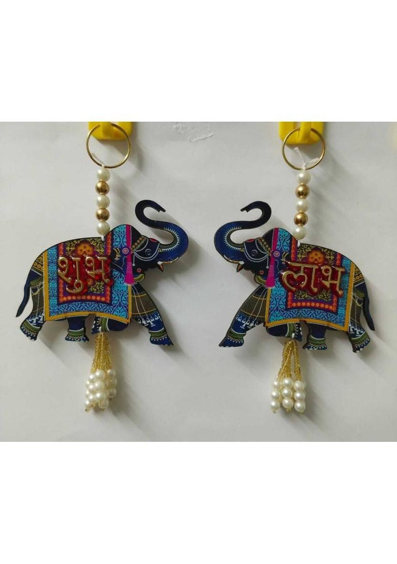 Neha Shubh Labh for Door Entrance,1 Pair | Blue Elephant Side Door Hangings | Decorative Showpiece - 2 cm&nbsp;&nbsp;(Wood, Multicolor) - Indya