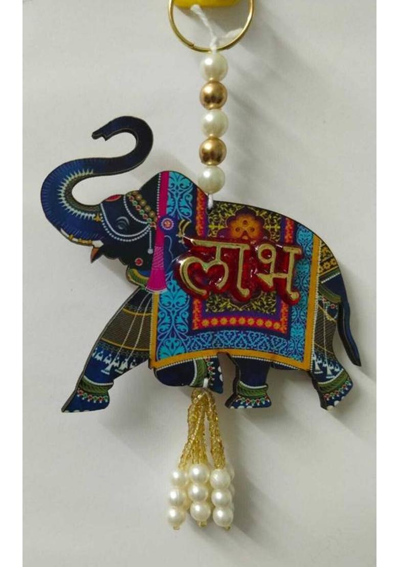 Neha Shubh Labh for Door Entrance,1 Pair | Blue Elephant Side Door Hangings | Decorative Showpiece - 2 cm&nbsp;&nbsp;(Wood, Multicolor) - Indya