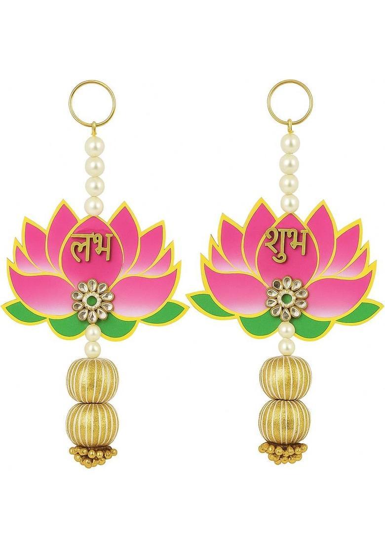 HASTTAKSHARA Lotus Shubh Labh Decorative Hanging Set (Pair) Decorative Showpiece - 8 cm&nbsp;&nbsp;(Wood, Pink) - Indya