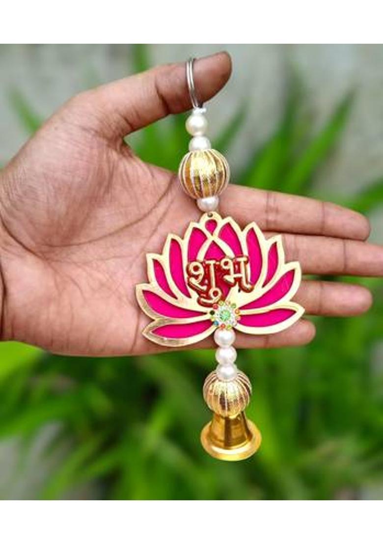 HASTTAKSHARA Lotus Shubh Labh Decorative Hanging Set (Pair) Decorative Showpiece - 8 cm&nbsp;&nbsp;(Wood, Pink) - Indya