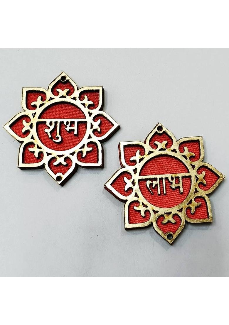 Shubhanjali Wooden Floral Shubh Labh Door Hangings for Diwali,1 Pair Decorative Showpiece - 5 cm&nbsp;&nbsp;(Wood, Maroon) - Indya