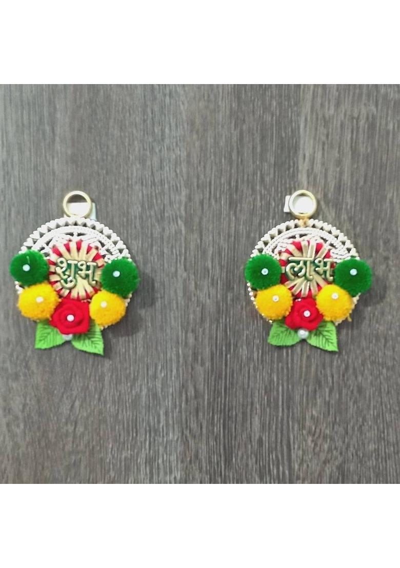 P A HEALTH AND FITNESS Decorative Shubh Labh Hanging Hook Door/Wall Home/Mandir Decoration [10 X 8CM] Decorative Showpiece - 10 cm&nbsp;&nbsp;(Wood, Gold, Red, Green) - Indya