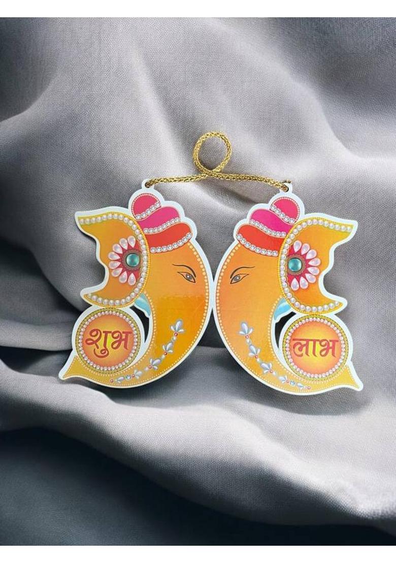 MHD Shri Ganesh Shubh Labh wall hanging&nbsp;&nbsp;(14 cm X 20 cm, Multicolor, Yellow) - Indya