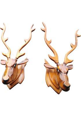 Mampi enterprises Deer head set of 2 Decorative Showpiece - 43 cm&nbsp;&nbsp;(Wood, Brown)