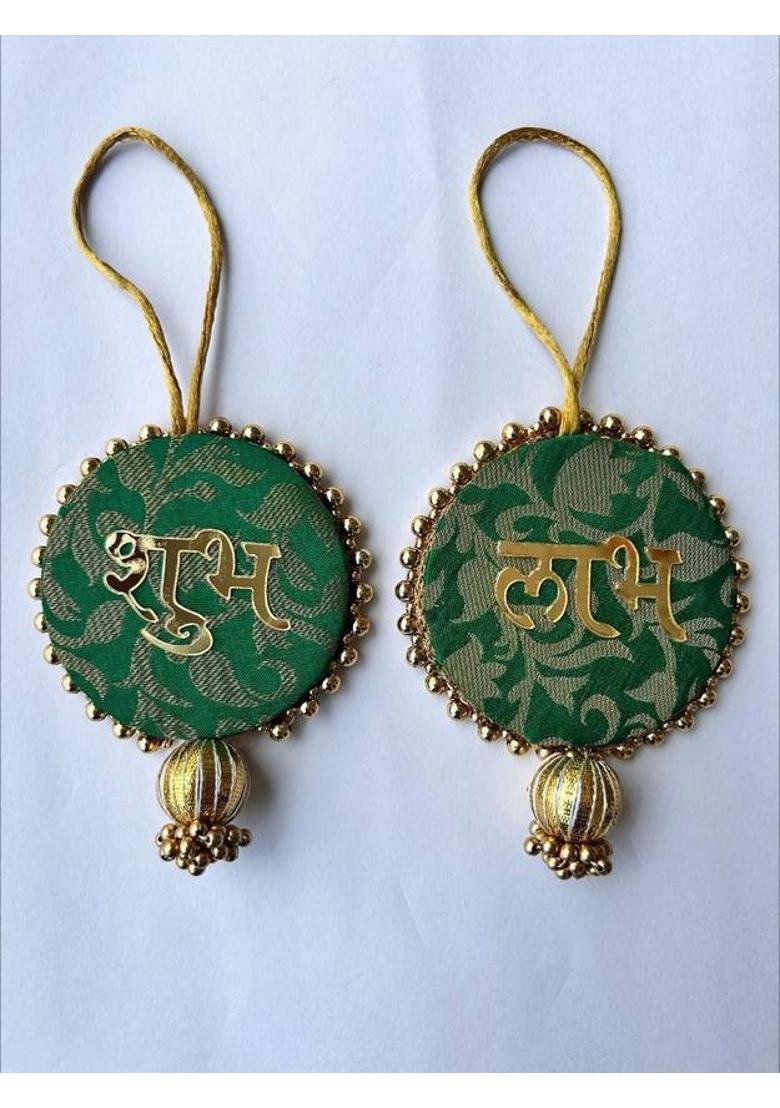 BAAKAY GLOBAL Round Shubh Labh Wall Hanging I Round Wood Door Entrance hangings Toran - 5 Inch Decorative Showpiece - 10.16 cm&nbsp;&nbsp;(Wood, Green) - Indya