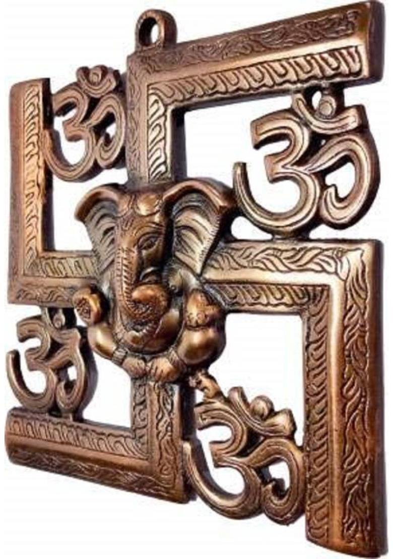 numeroastro Lord Ganesha Idol On Swastik & Om Wall Hanging in Copper for Good Fortune (24 Cms) (1 Pc) Decorative Showpiece - 24 cm&nbsp;&nbsp;(Copper, Brown) - Indya