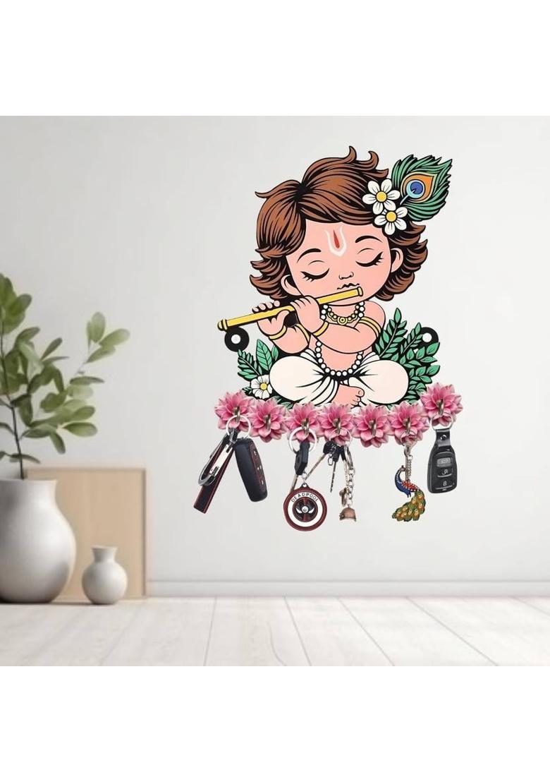 SNDArt Baby Krishna Wall Hanging Key Holder | Baby Krishna Flute Design Wood Key Holder&nbsp;&nbsp;(7 Hooks, Multicolor) - Indya