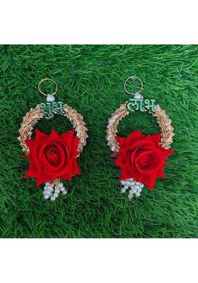 Neha Shubh Labh for Door Entrance | 1 Pair | Beautiful Side Door Hangings | Rose | Decorative Showpiece - 2 cm&nbsp;&nbsp;(Gold Plated, Red, Gold)
