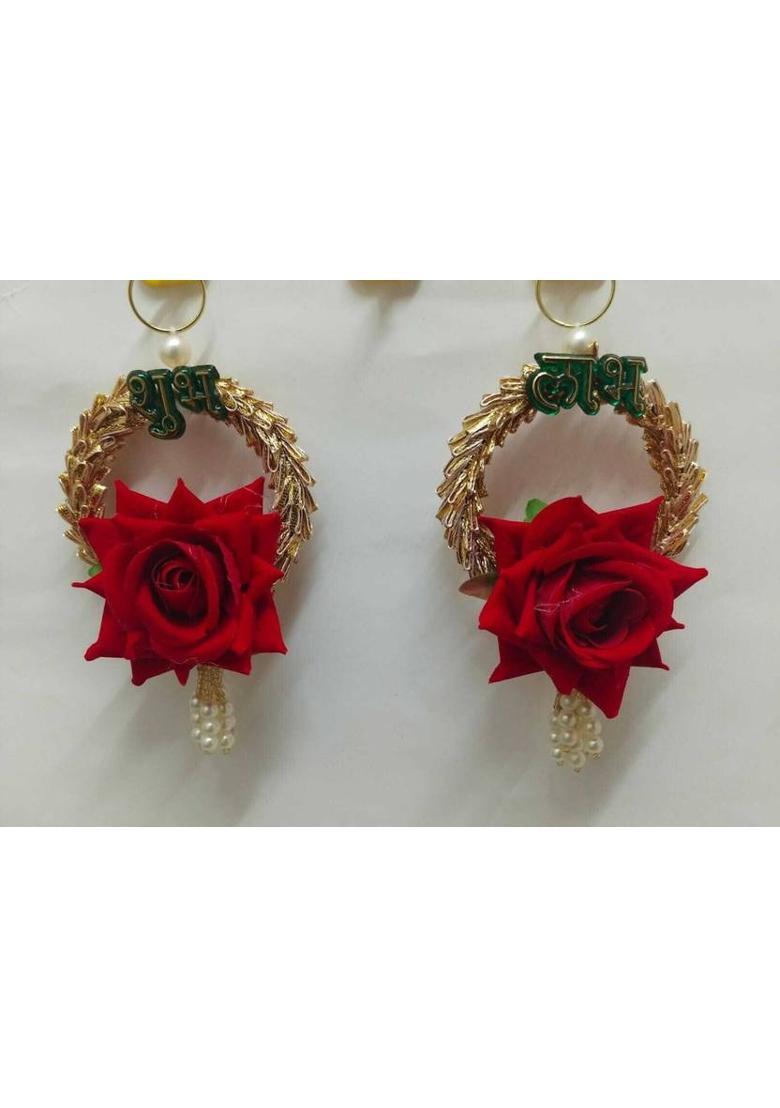 Neha Shubh Labh for Door Entrance | 1 Pair | Beautiful Side Door Hangings | Rose | Decorative Showpiece - 2 cm&nbsp;&nbsp;(Gold Plated, Red, Gold) - Indya
