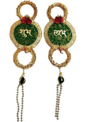 BAAKAY GLOBAL Shubh Labh Hanging Toran | Round Wood Fabric & Moti with Flower Ganesh – 12 Inch Decorative Showpiece - 30.48 cm&nbsp;&nbsp;(Wood, Fabric, Green)