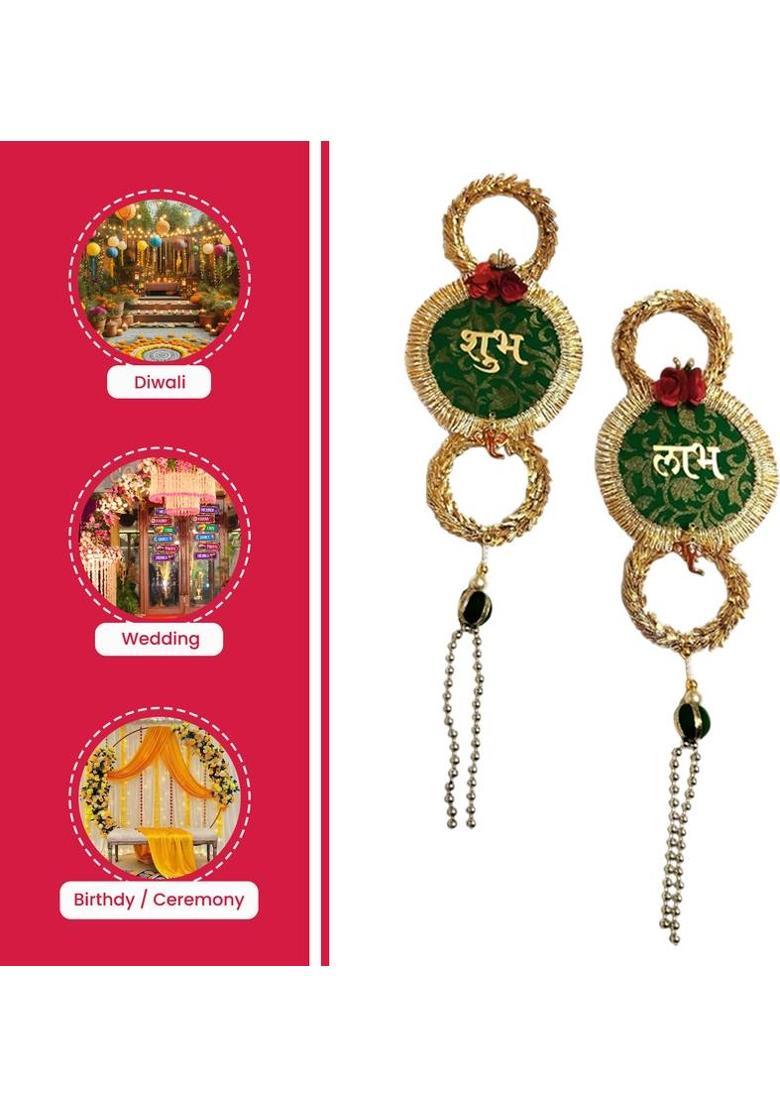BAAKAY GLOBAL Shubh Labh Hanging Toran | Round Wood Fabric & Moti with Flower Ganesh – 12 Inch Decorative Showpiece - 30.48 cm&nbsp;&nbsp;(Wood, Fabric, Green) - Indya