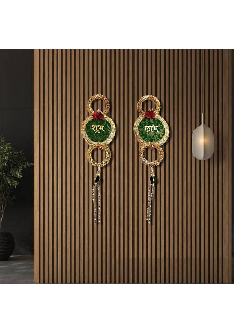 BAAKAY GLOBAL Shubh Labh Hanging Toran | Round Wood Fabric & Moti with Flower Ganesh – 12 Inch Decorative Showpiece - 30.48 cm&nbsp;&nbsp;(Wood, Fabric, Green) - Indya