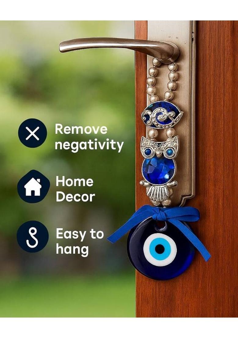 sculpmart Evil Eye Hanging with Owl Design & Blue Stone for Wisdom Protection & Home Decor Decorative Showpiece - 17 cm&nbsp;&nbsp;(Metal, Resin, Blue) - Indya